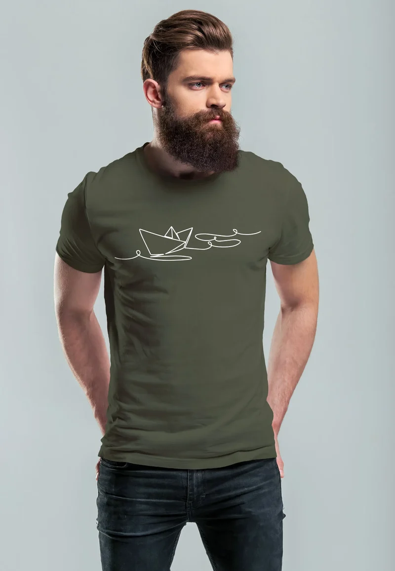 Herren T-Shirt Boot Polygon Papier-Schiff Origami Aufdruck Print Fashion Streetstyle