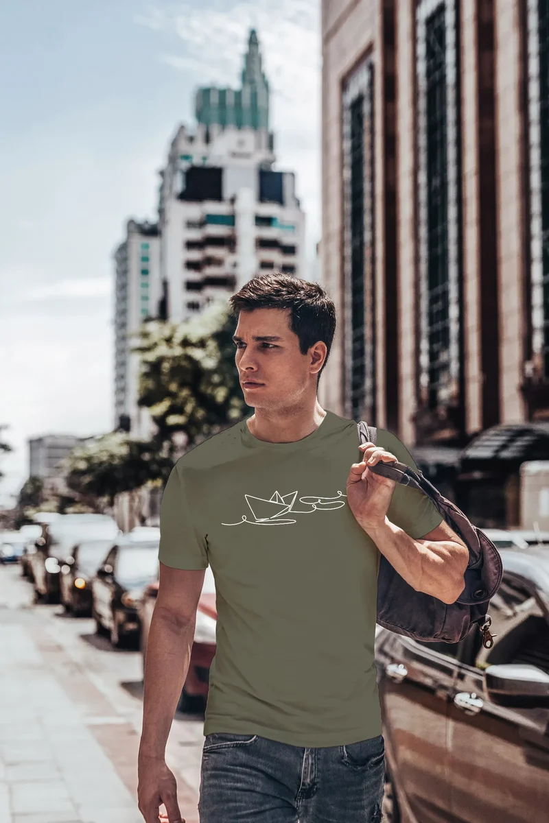 Herren T-Shirt Boot Polygon Papier-Schiff Origami Aufdruck Print Fashion Streetstyle