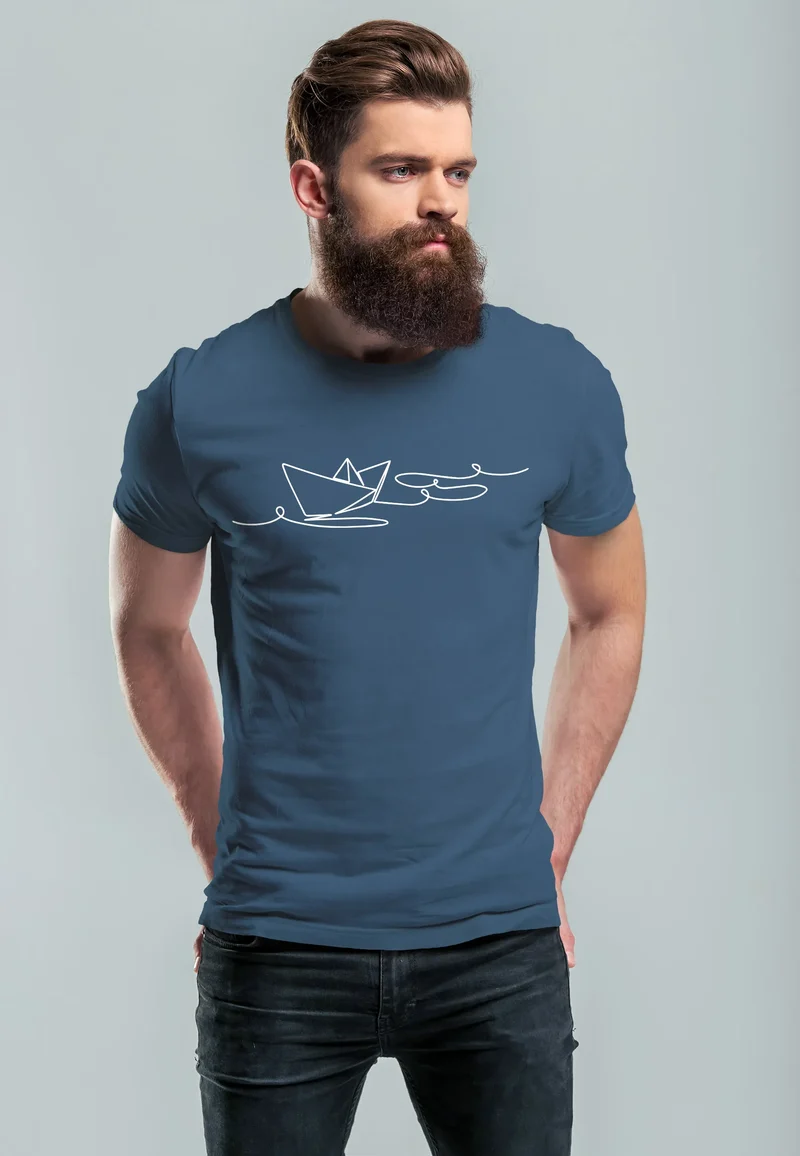 Herren T-Shirt Boot Polygon Papier-Schiff Origami Aufdruck Print Fashion Streetstyle