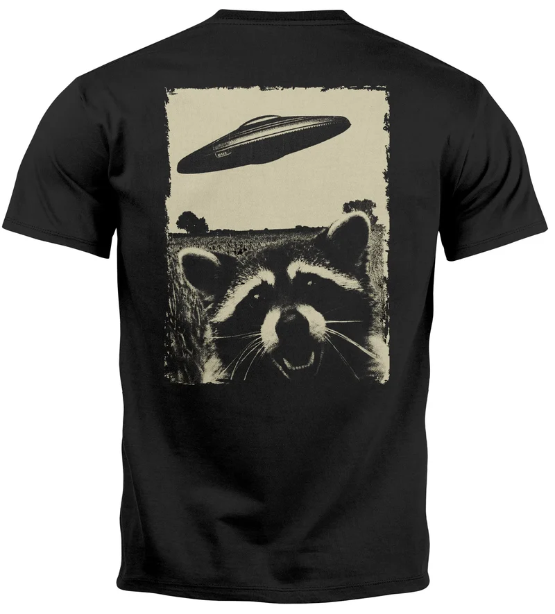 Herren T-Shirt UFO Waschbär Aliens Fotodruck Printshirt Backprint Fashion Streetstyle