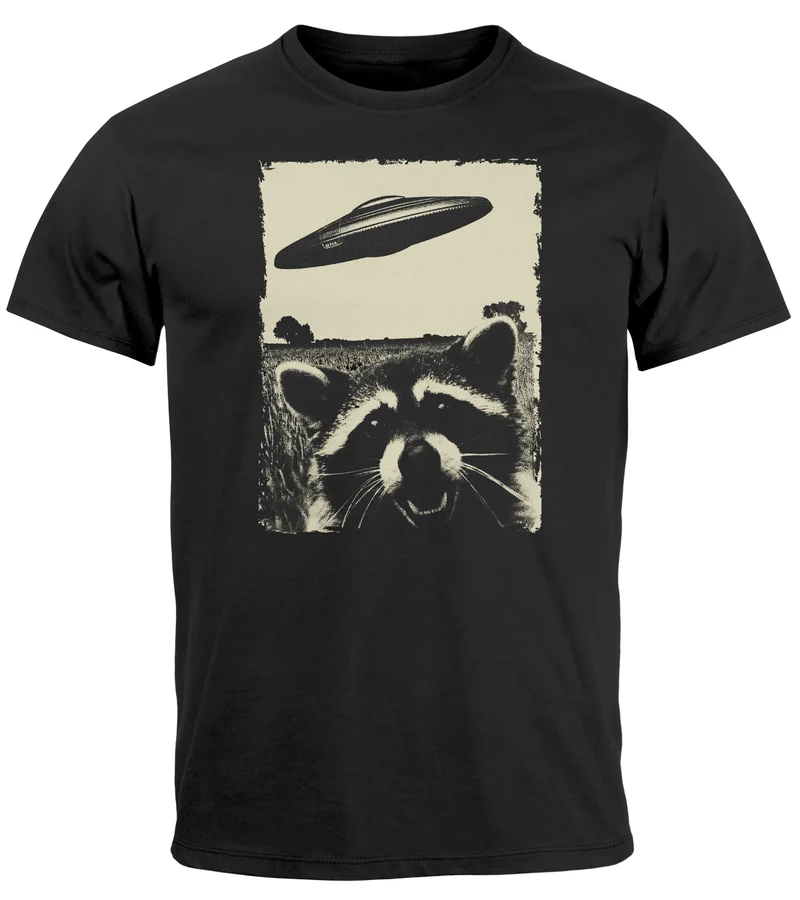 Herren T-Shirt UFO Waschbär Aliens Fotodruck Printshirt Frontprint Fashion Streetstyle Fashion Streetstyle