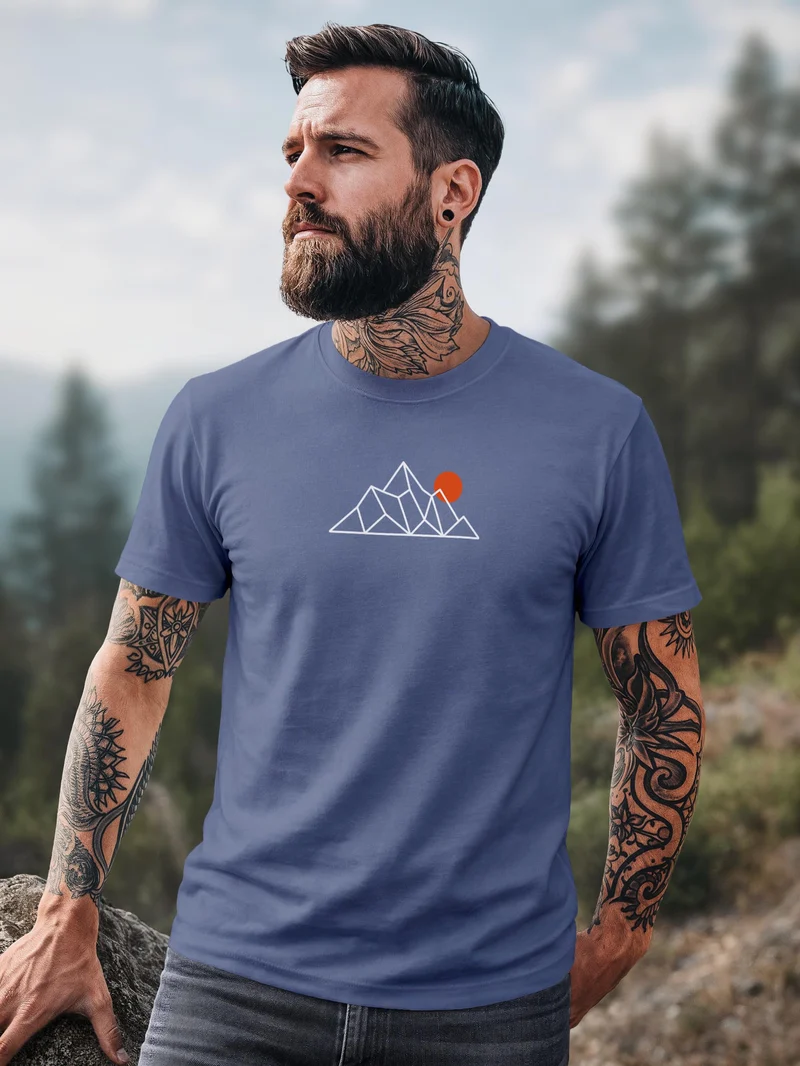 Herren T-Shirt Frontprint - Outdoor Design Berg Polygon - Baumwollshirt Männer Fashion Streetstyle Slim Fit