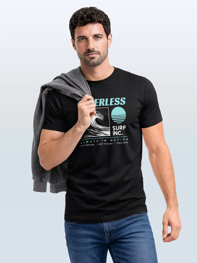 Herren T-Shirt Frontprint - Design Surf inc wave - Baumwollshirt Männer Fashion Streetstyle Slim Fit