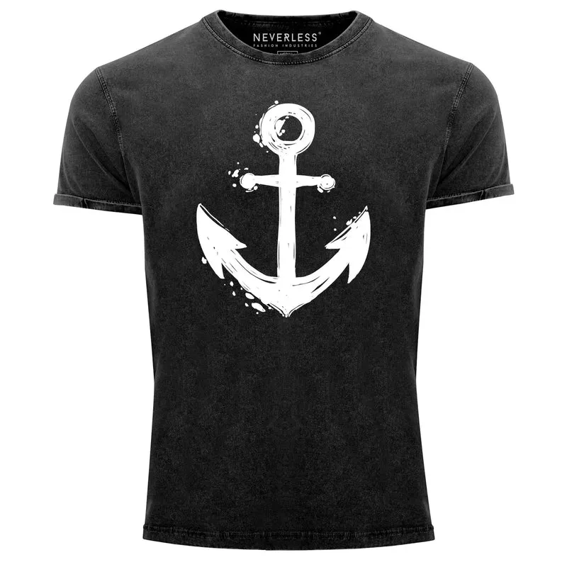 Herren Vintage Shirt mit Anker Motiv Printshirt T-Shirt Aufdruck Used Look Slim Fit