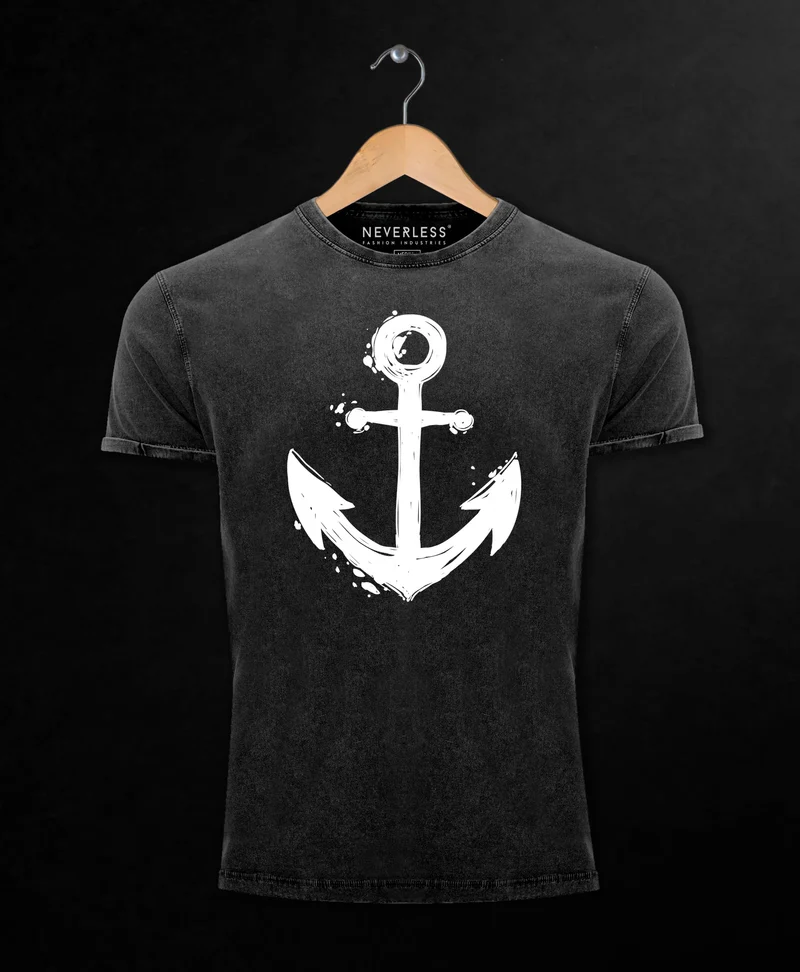 Herren Vintage Shirt mit Anker Motiv Printshirt T-Shirt Aufdruck Used Look Slim Fit