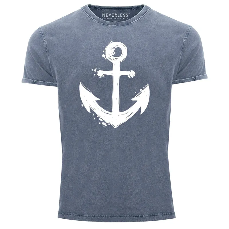 Herren Vintage Shirt mit Anker Motiv Printshirt T-Shirt Aufdruck Used Look Slim Fit