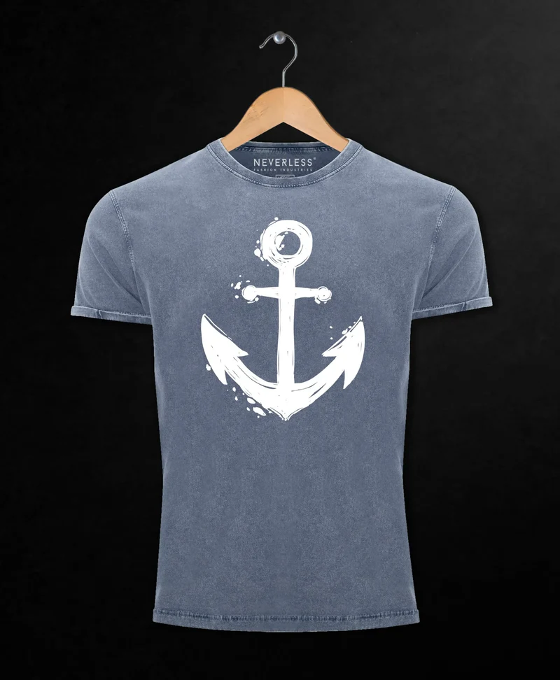 Herren Vintage Shirt mit Anker Motiv Printshirt T-Shirt Aufdruck Used Look Slim Fit