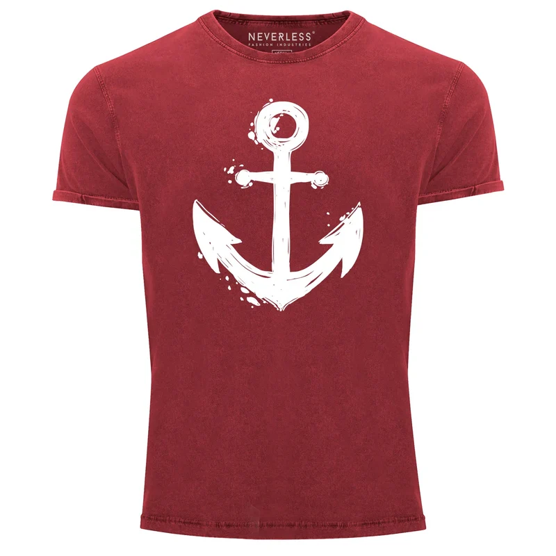 Herren Vintage Shirt mit Anker Motiv Printshirt T-Shirt Aufdruck Used Look Slim Fit