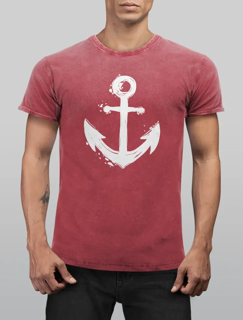 Herren Vintage Shirt mit Anker Motiv Printshirt T-Shirt Aufdruck Used Look Slim Fit