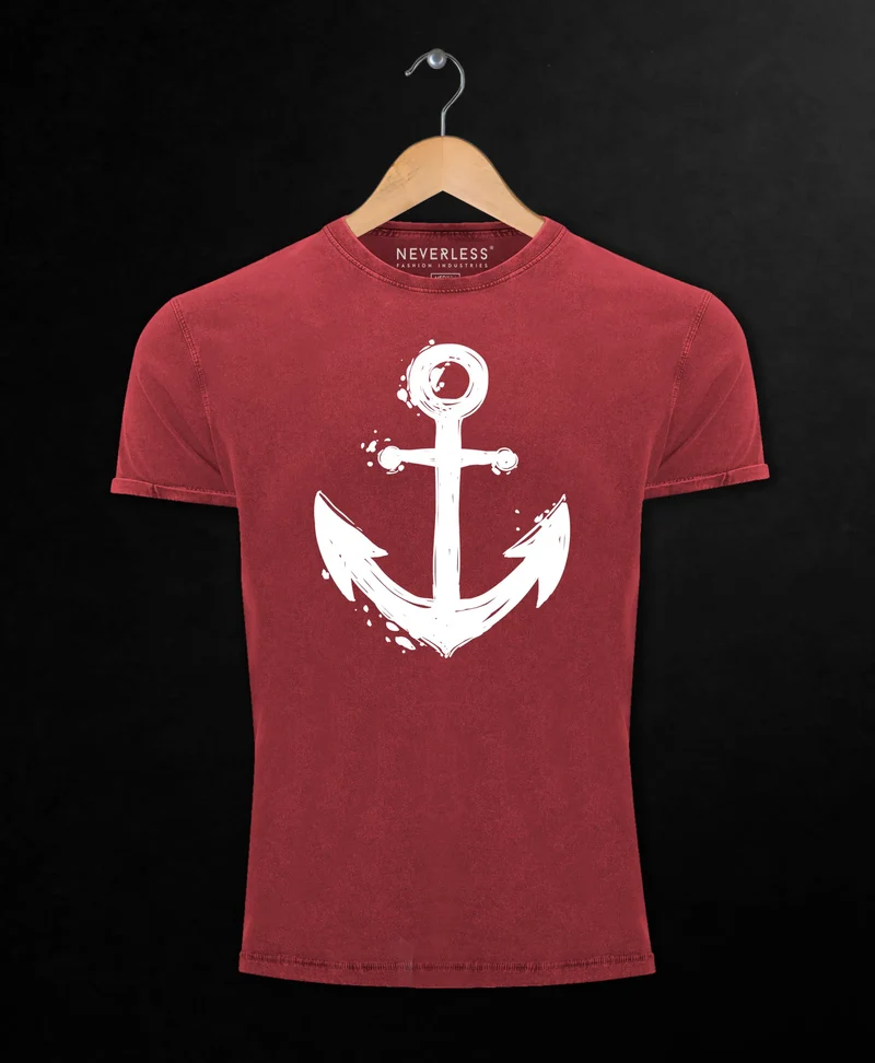 Herren Vintage Shirt mit Anker Motiv Printshirt T-Shirt Aufdruck Used Look Slim Fit