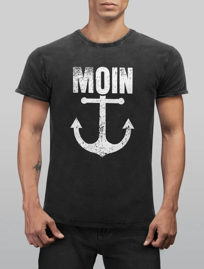 Herren Vintage Shirt Moin Anker Retro Printshirt T-Shirt Aufdruck Maritim NordischUsed Look