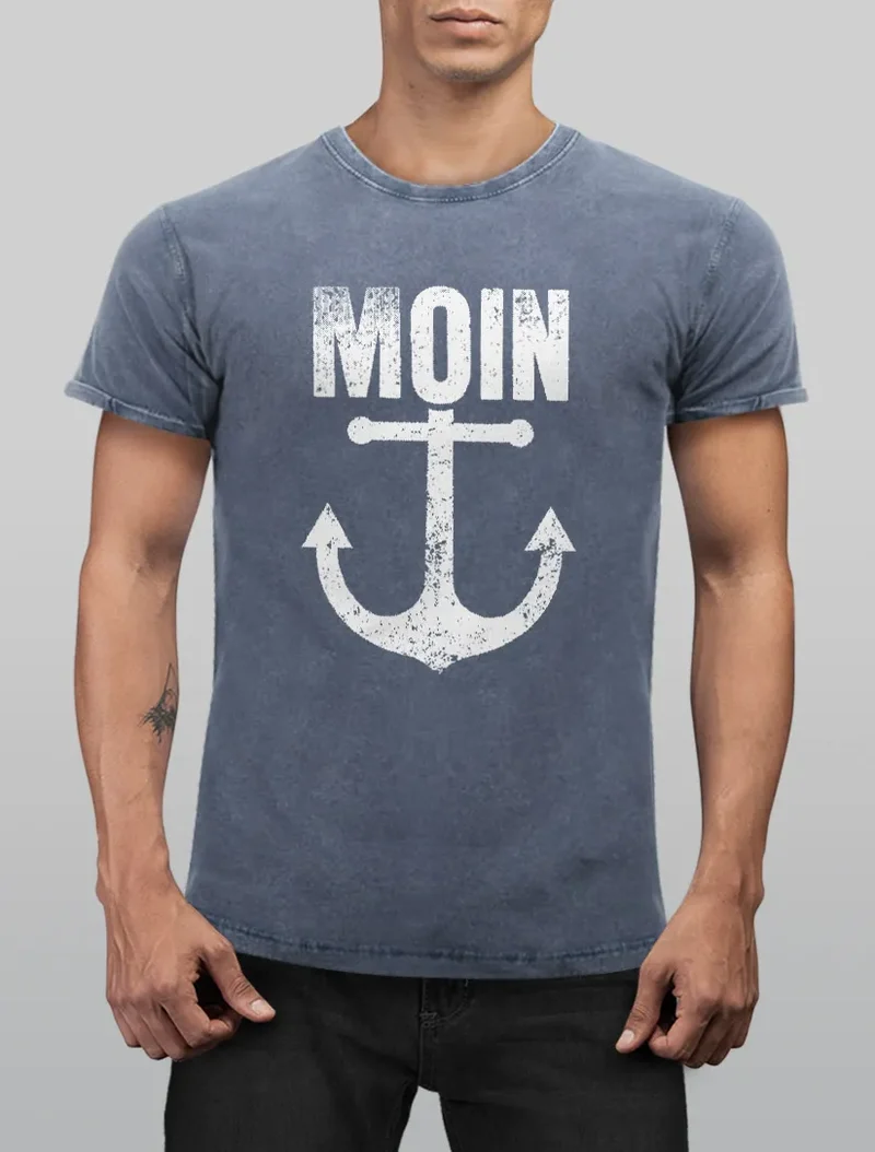 Herren Vintage Shirt Moin Anker Retro Printshirt T-Shirt Aufdruck Maritim NordischUsed Look