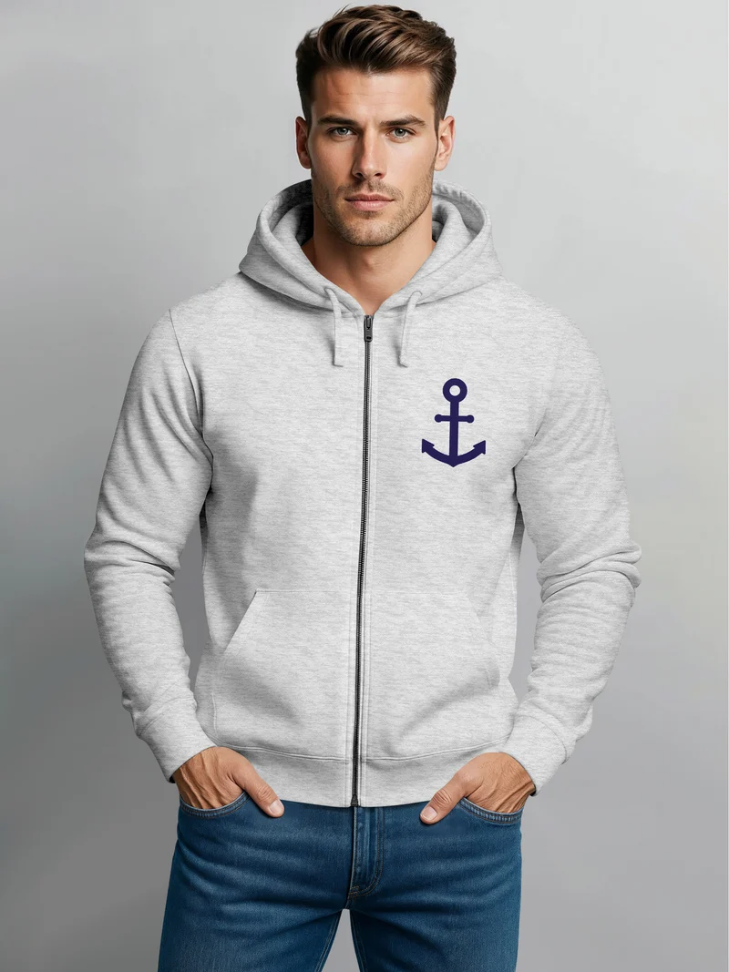 Zip-Hoodie Herren Sweatjacke mit Kapuze Anker Logo Print Männer Fashion Streetstyle