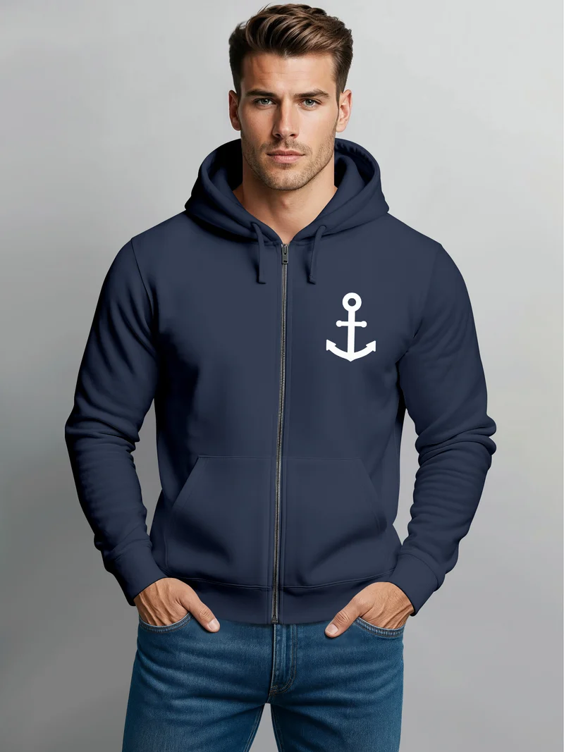 Zip-Hoodie Herren Sweatjacke mit Kapuze Anker Logo Print Männer Fashion Streetstyle