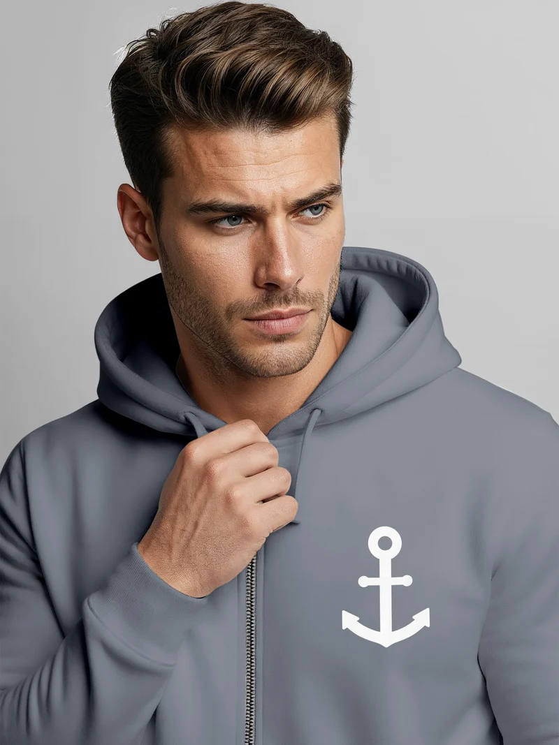 Zip-Hoodie Herren Sweatjacke mit Kapuze Anker Logo Print Männer Fashion Streetstyle