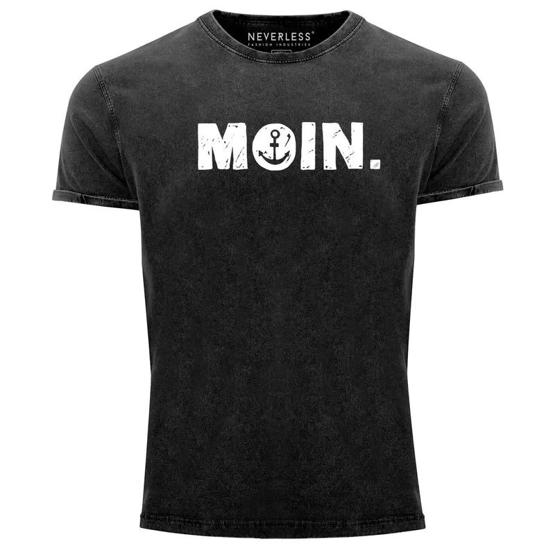 Herren Vintage Shirt Moin Dialekt Norden Hamburg Anker Printshirt T-Shirt Aufdruck Used Look