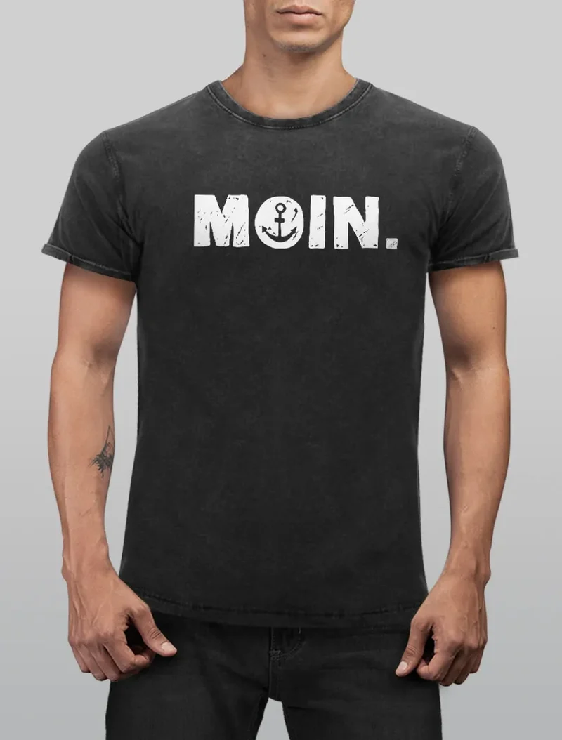 Herren Vintage Shirt Moin Dialekt Norden Hamburg Anker Printshirt T-Shirt Aufdruck Used Look