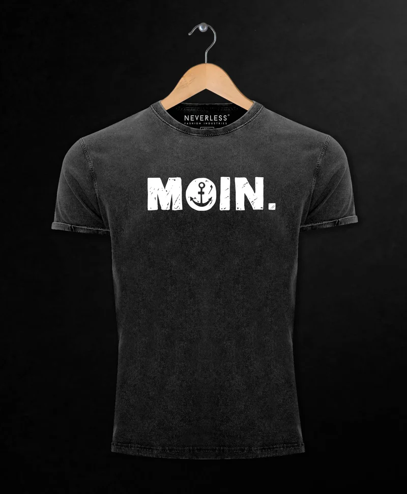 Herren Vintage Shirt Moin Dialekt Norden Hamburg Anker Printshirt T-Shirt Aufdruck Used Look