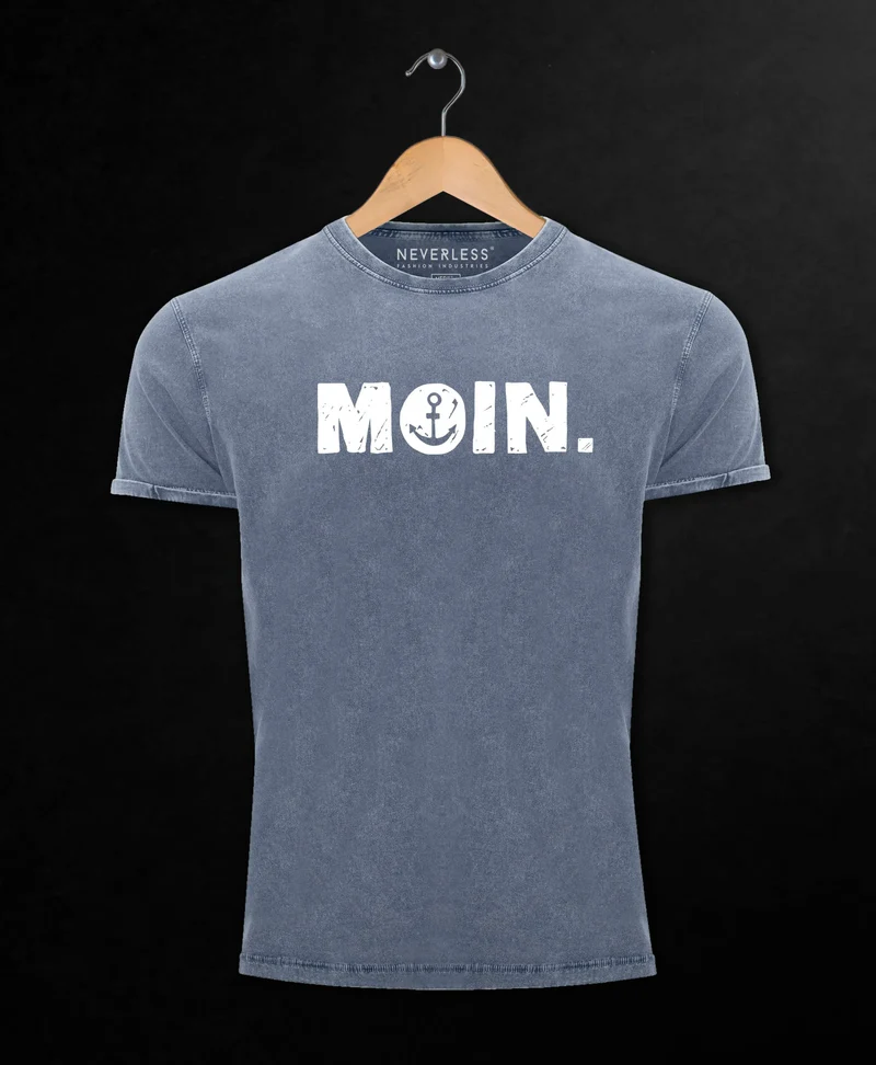 Herren Vintage Shirt Moin Dialekt Norden Hamburg Anker Printshirt T-Shirt Aufdruck Used Look
