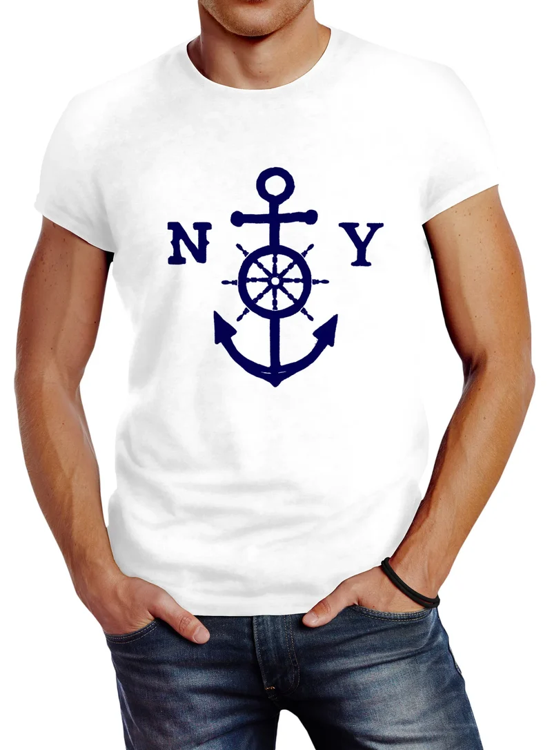 Herren T-Shirt Anker Steuerrad Anchor Steering Wheel Slim Fit