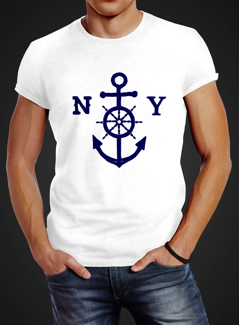 Herren T-Shirt Anker Steuerrad Anchor Steering Wheel Slim Fit