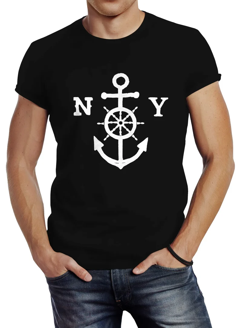 Herren T-Shirt Anker Steuerrad Anchor Steering Wheel Slim Fit