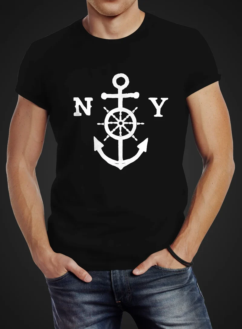 Herren T-Shirt Anker Steuerrad Anchor Steering Wheel Slim Fit