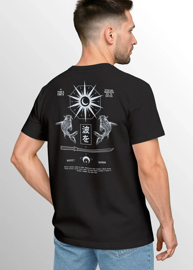Herren T-Shirt Backprint Japan Asien Koi Statement Printshirt Fashion Streetstyle Männer