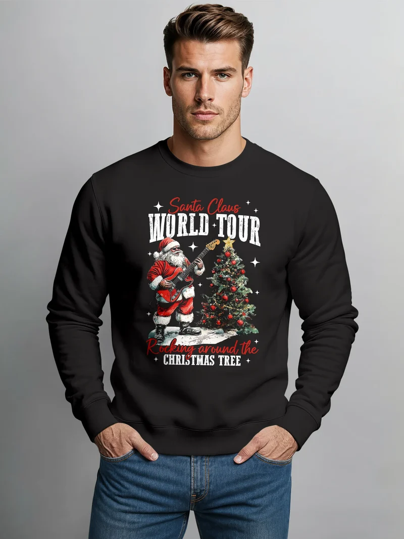 Sweatshirt Herren Santa Claus World Tour Weihnachtspullover Grafik Print XMAS Christmas Sweater Fashion Streetwear