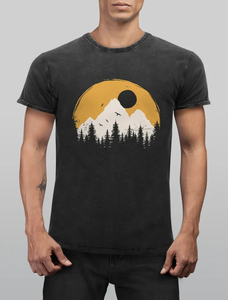 Herren Vintage Shirt Print Natural Badge Logo Wandern Outdoor Fashion Männer Used Look