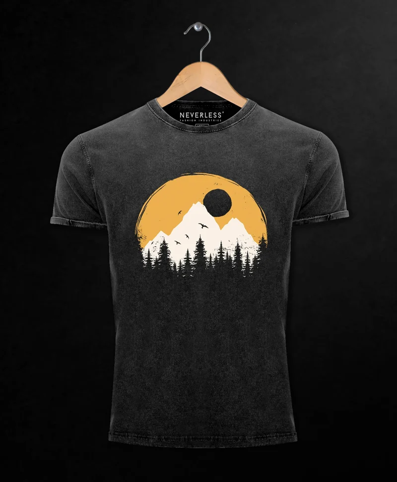 Herren Vintage Shirt Print Natural Badge Logo Wandern Outdoor Fashion Männer Used Look