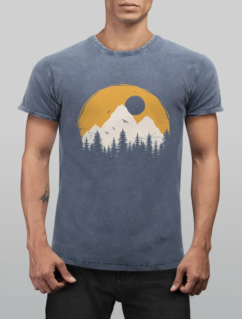 Herren Vintage Shirt Print Natural Badge Logo Wandern Outdoor Fashion Männer Used Look