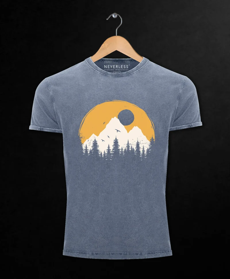 Herren Vintage Shirt Print Natural Badge Logo Wandern Outdoor Fashion Männer Used Look