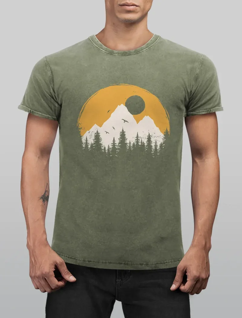 Herren Vintage Shirt Print Natural Badge Logo Wandern Outdoor Fashion Männer Used Look