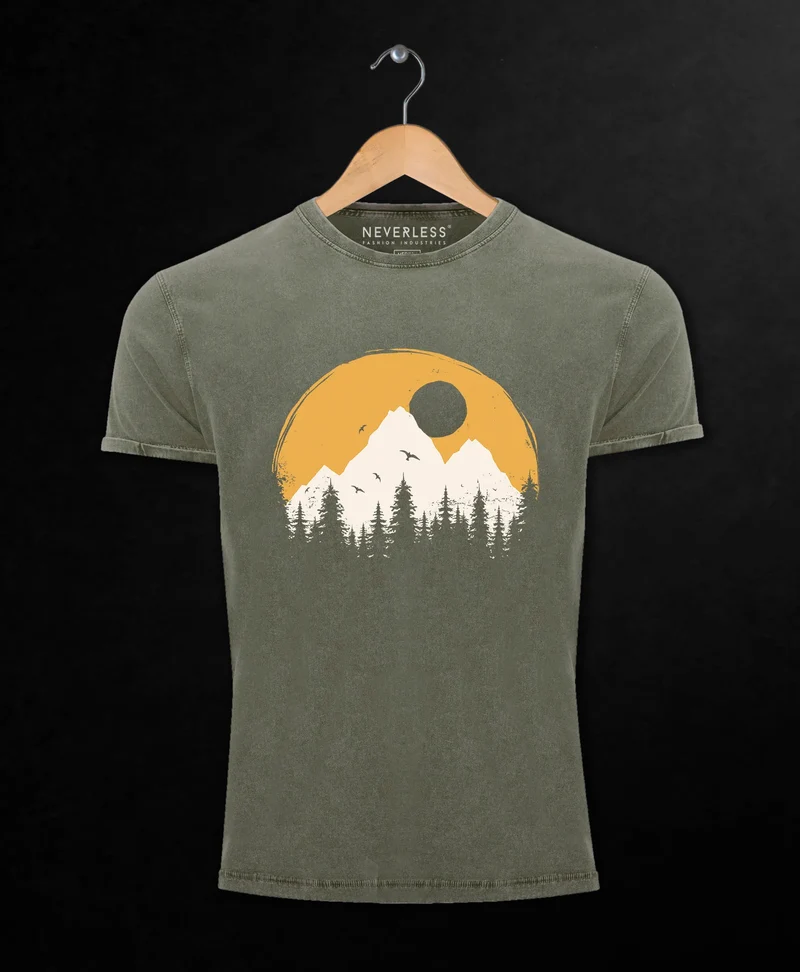 Herren Vintage Shirt Print Natural Badge Logo Wandern Outdoor Fashion Männer Used Look