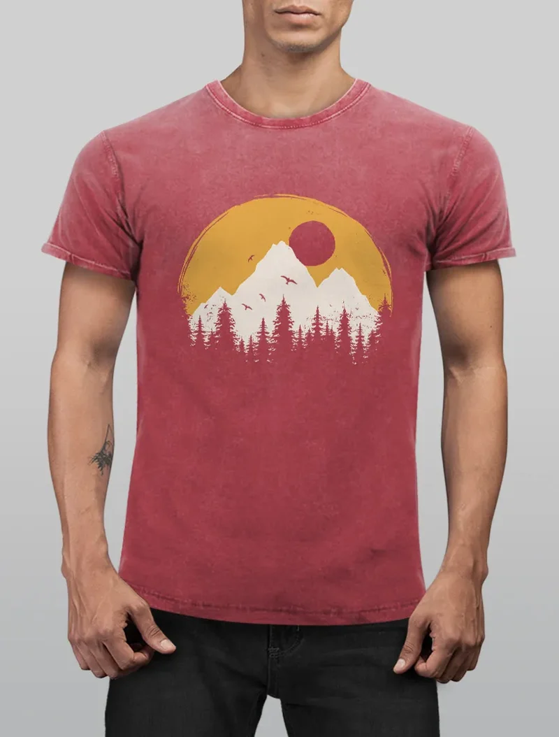Herren Vintage Shirt Print Natural Badge Logo Wandern Outdoor Fashion Männer Used Look