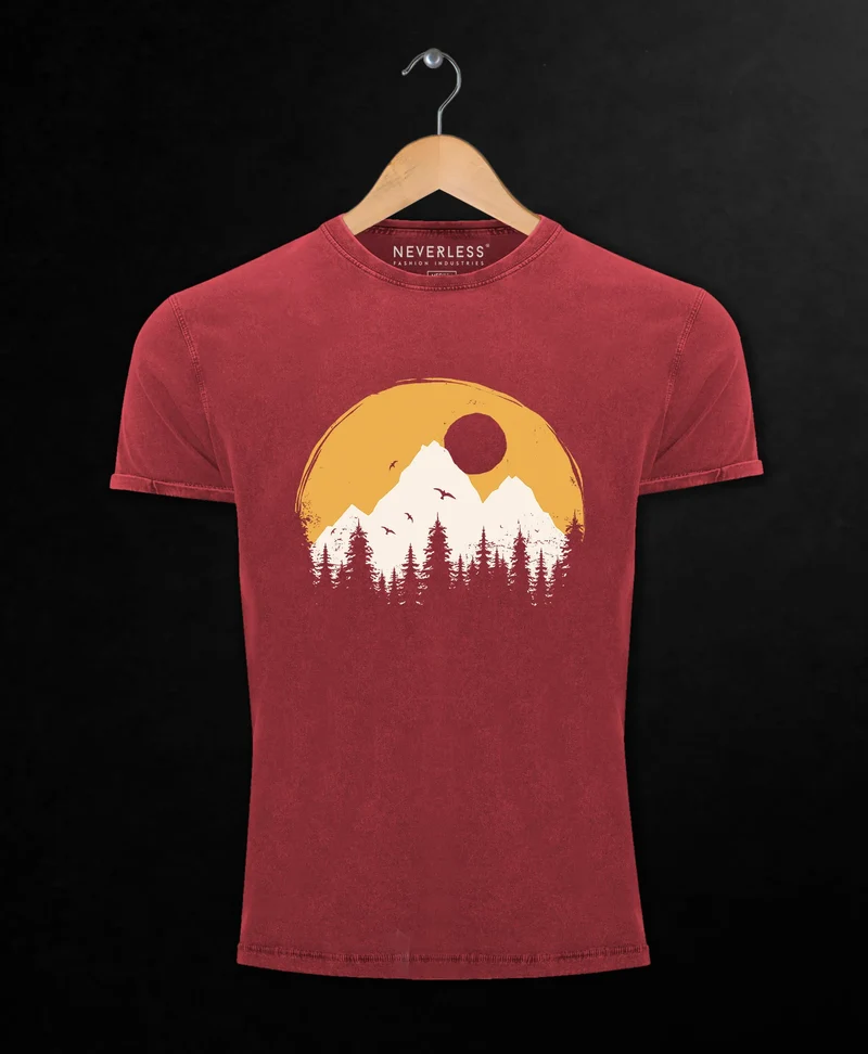 Herren Vintage Shirt Print Natural Badge Logo Wandern Outdoor Fashion Männer Used Look