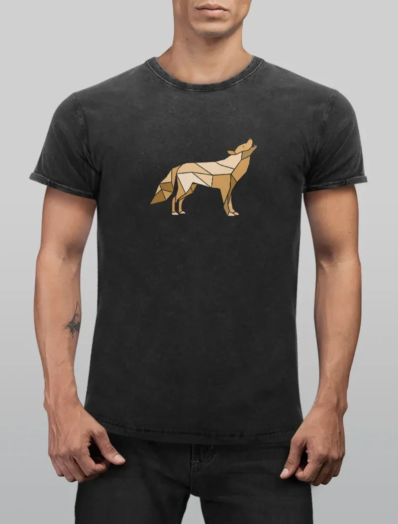 Herren Vintage Shirt Aufdruck Wolf Polygon Print Geometrie Outdoor Wildnins Wandern Printshirt Aufdruck Used Look