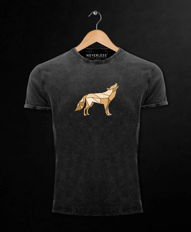 Herren Vintage Shirt Aufdruck Wolf Polygon Print Geometrie Outdoor Wildnins Wandern Printshirt Aufdruck Used Look