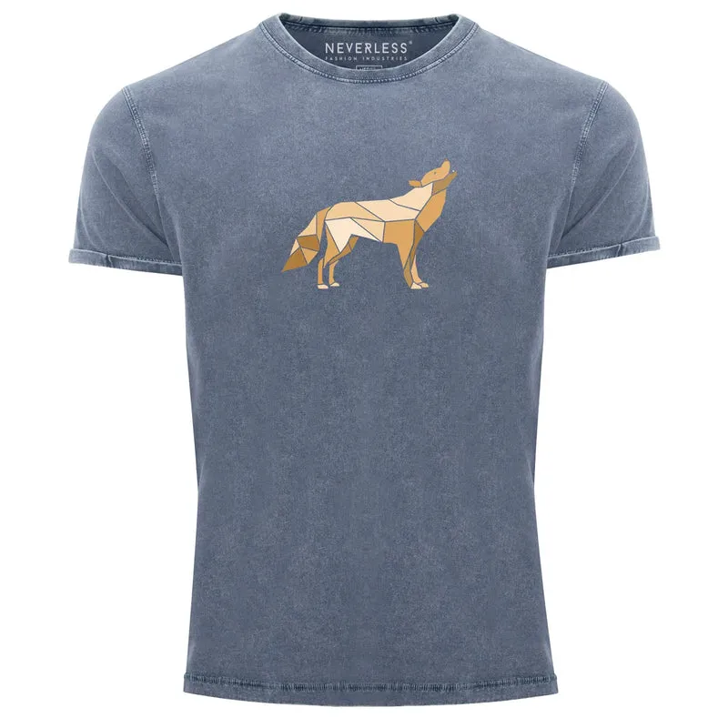 Herren Vintage Shirt Aufdruck Wolf Polygon Print Geometrie Outdoor Wildnins Wandern Printshirt Aufdruck Used Look
