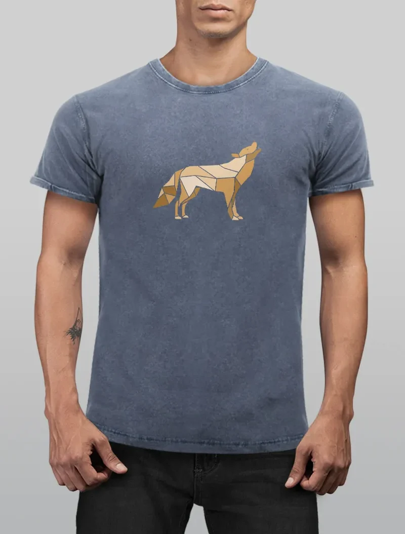 Herren Vintage Shirt Aufdruck Wolf Polygon Print Geometrie Outdoor Wildnins Wandern Printshirt Aufdruck Used Look