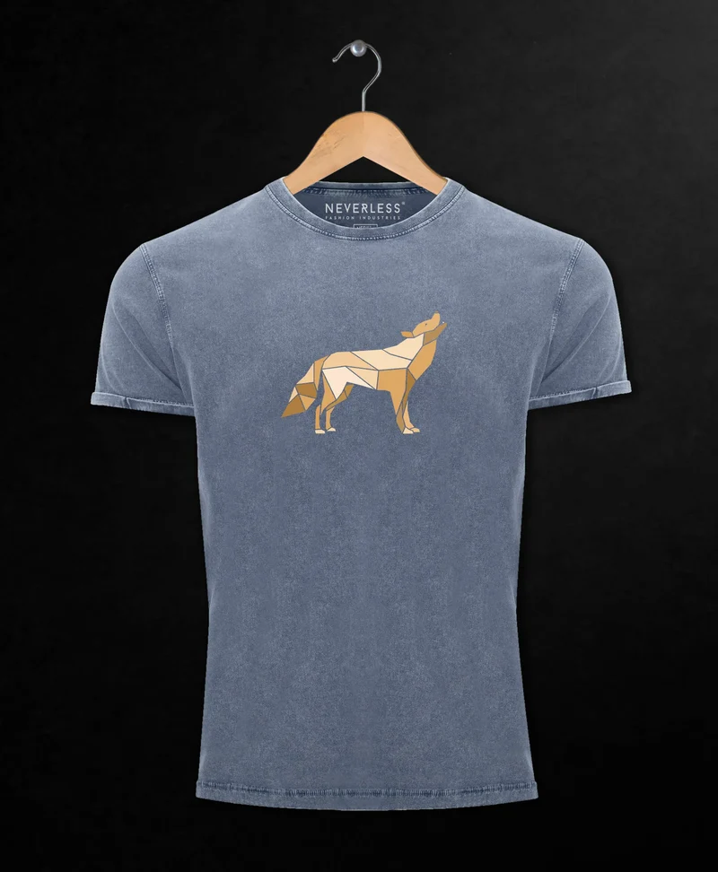 Herren Vintage Shirt Aufdruck Wolf Polygon Print Geometrie Outdoor Wildnins Wandern Printshirt Aufdruck Used Look