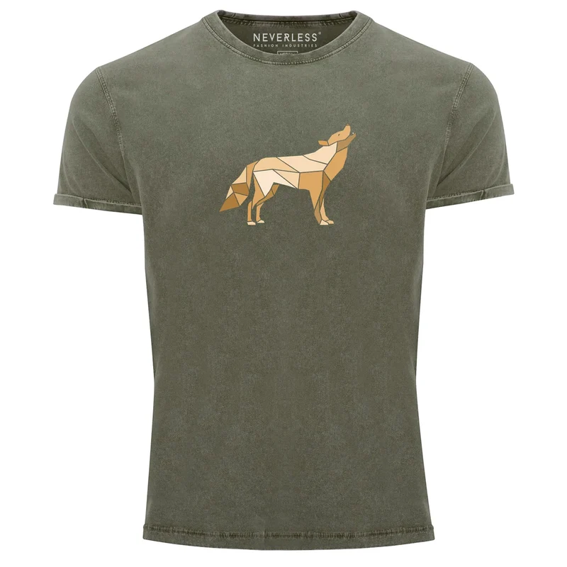 Herren Vintage Shirt Aufdruck Wolf Polygon Print Geometrie Outdoor Wildnins Wandern Printshirt Aufdruck Used Look
