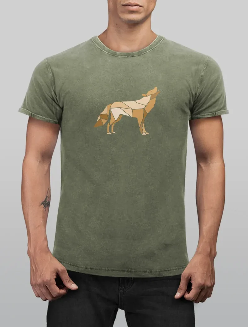 Herren Vintage Shirt Aufdruck Wolf Polygon Print Geometrie Outdoor Wildnins Wandern Printshirt Aufdruck Used Look