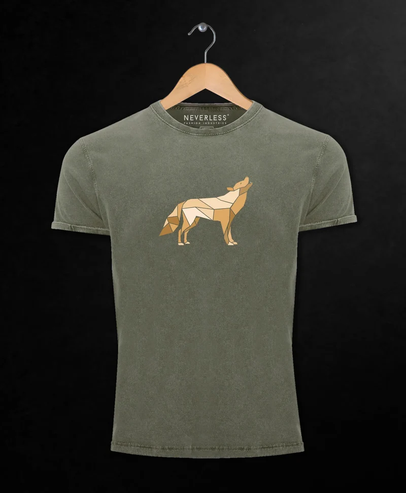 Herren Vintage Shirt Aufdruck Wolf Polygon Print Geometrie Outdoor Wildnins Wandern Printshirt Aufdruck Used Look