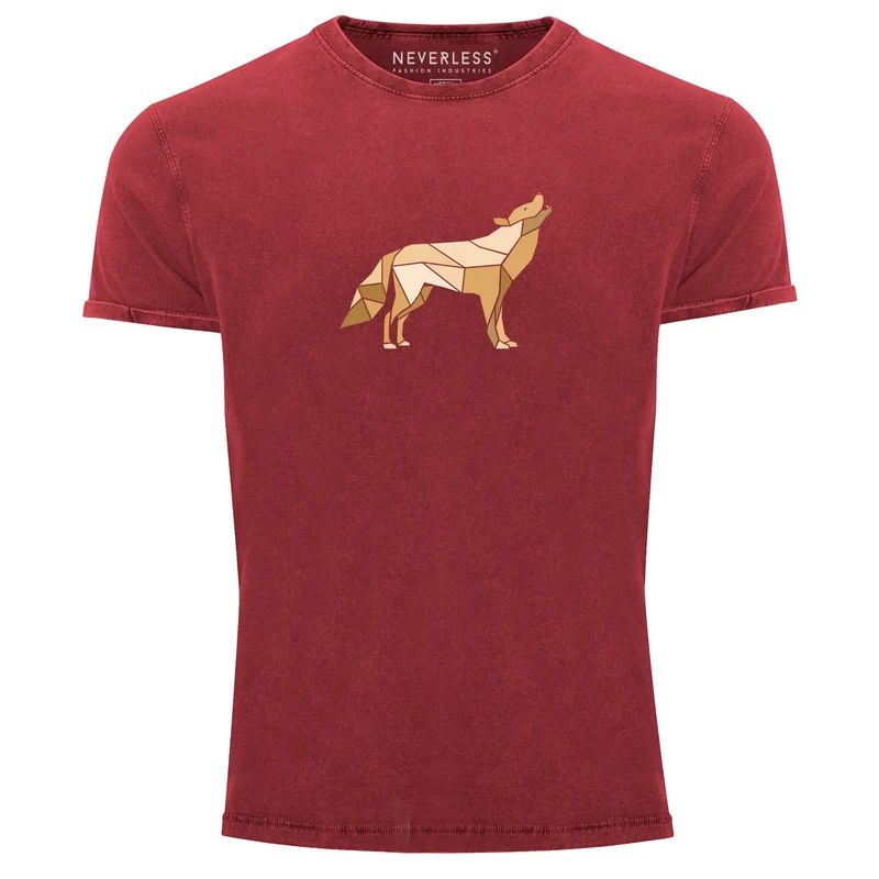 Herren Vintage Shirt Aufdruck Wolf Polygon Print Geometrie Outdoor Wildnins Wandern Printshirt Aufdruck Used Look