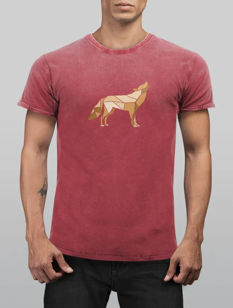 Herren Vintage Shirt Aufdruck Wolf Polygon Print Geometrie Outdoor Wildnins Wandern Printshirt Aufdruck Used Look