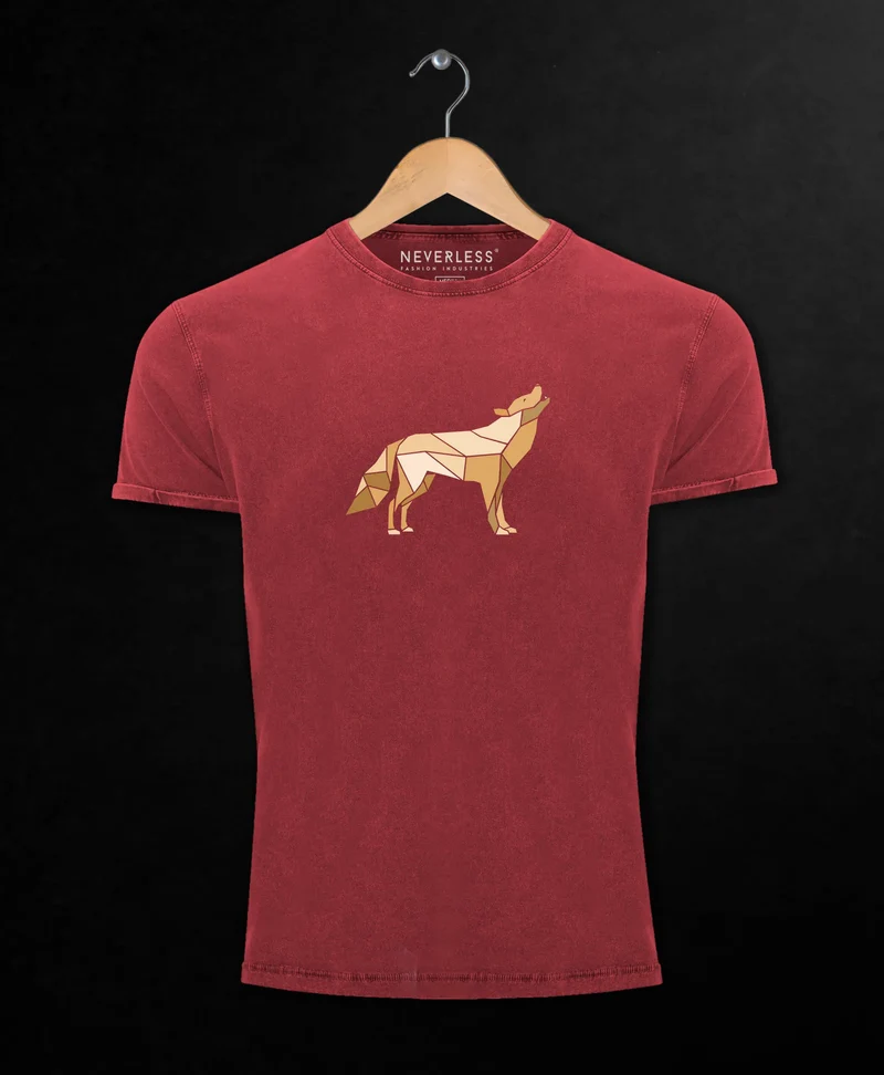Herren Vintage Shirt Aufdruck Wolf Polygon Print Geometrie Outdoor Wildnins Wandern Printshirt Aufdruck Used Look