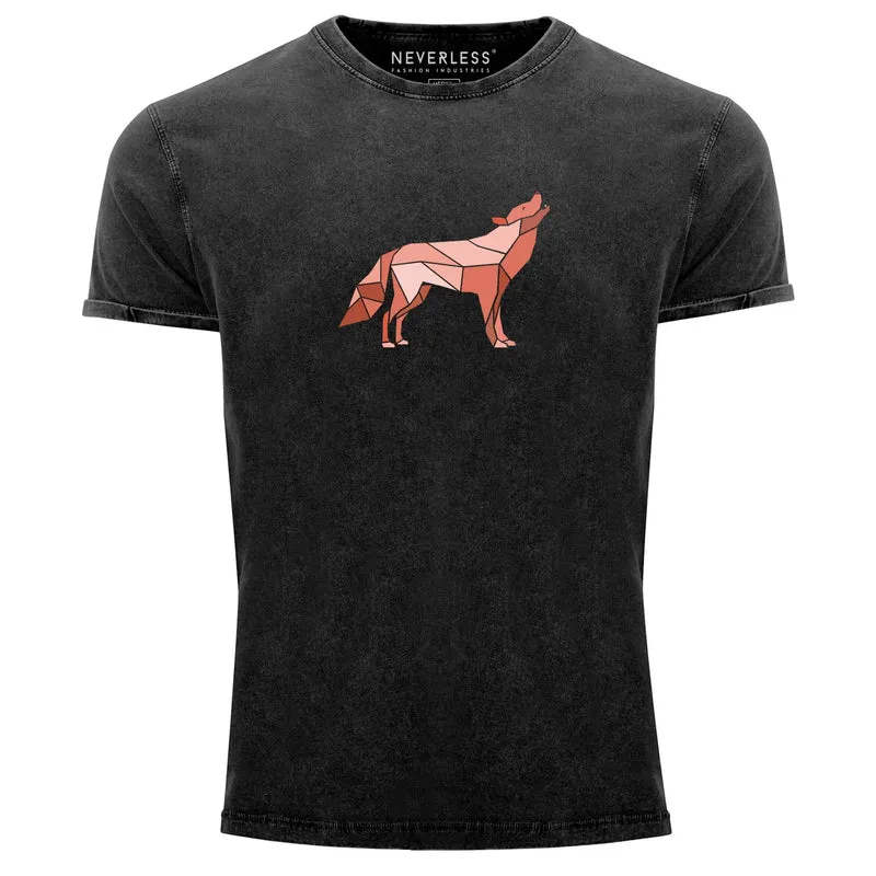 Herren Vintage Shirt Aufdruck Wolf Polygon Print Geometrie Outdoor Wildnins Wandern Printshirt T-Shirt Used Look