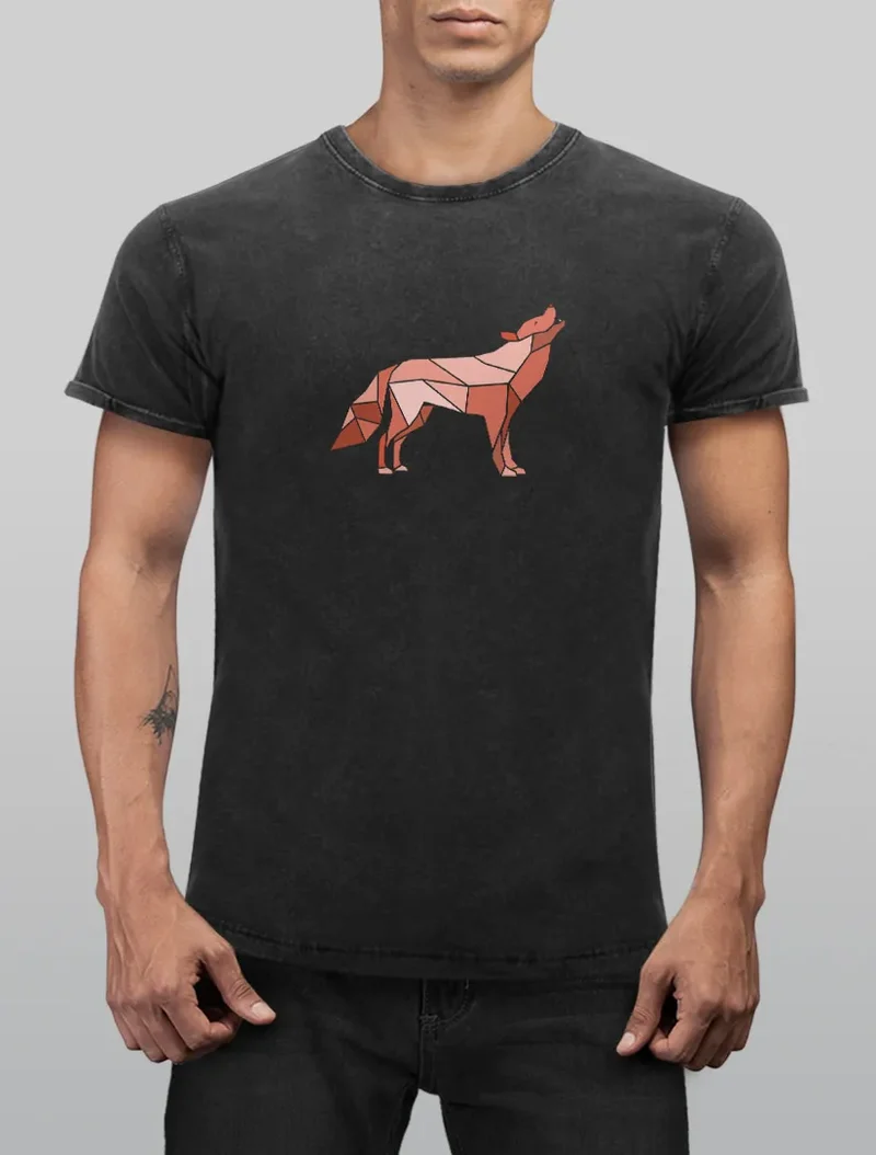 Herren Vintage Shirt Aufdruck Wolf Polygon Print Geometrie Outdoor Wildnins Wandern Printshirt T-Shirt Used Look